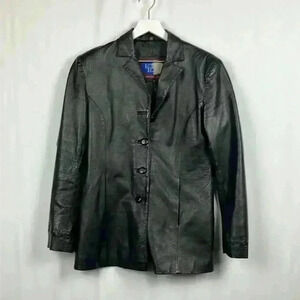 Lobi Lobi Womens Leather Jacket Black M Regular Fit Button Front Pockets Classic